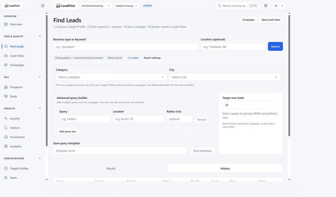 LeadPilot Find Leads screen with search filters and campaign builder