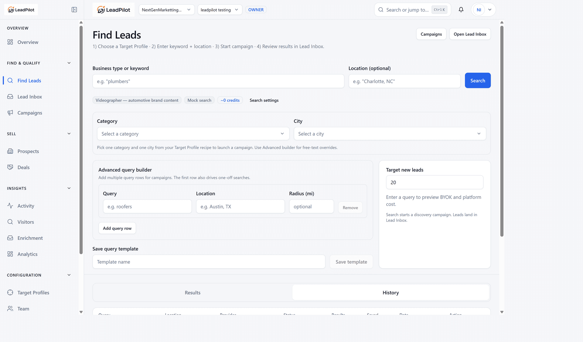 LeadPilot Find Leads screen showing keyword search, location, and campaign builder