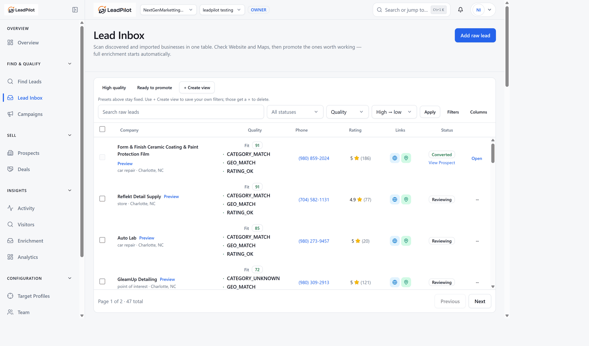 LeadPilot Lead Inbox table with business names, fit scores, and status badges