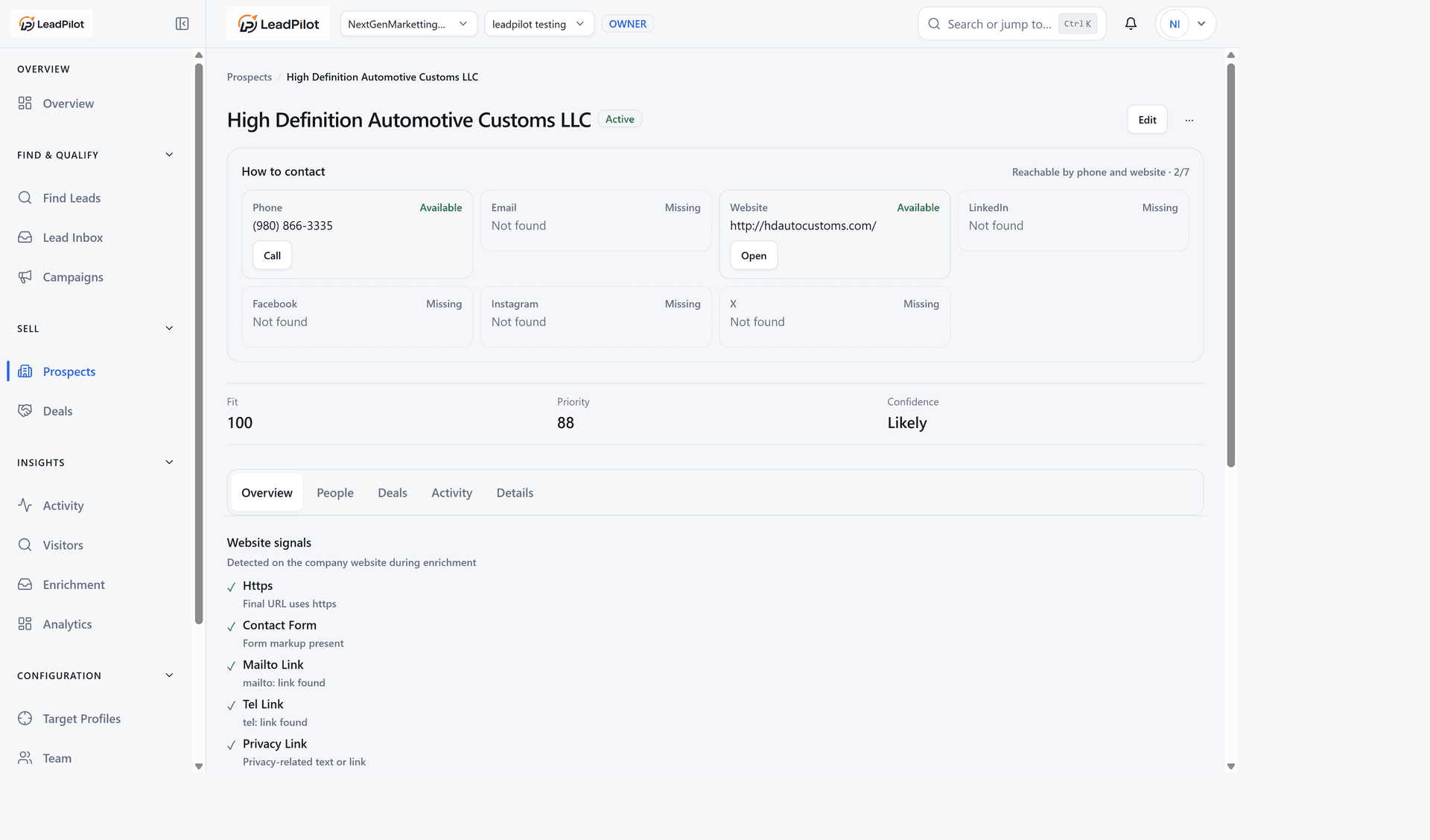LeadPilot prospect profile showing Fit, Priority, Confidence, and website signals